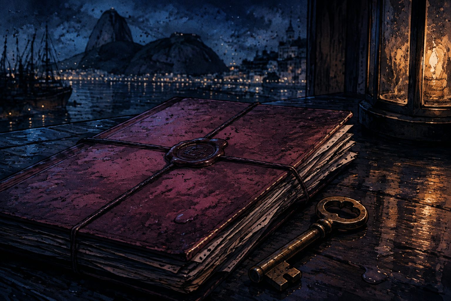 Livro-caixa selado e chave de latão diante do porto sob a chuva