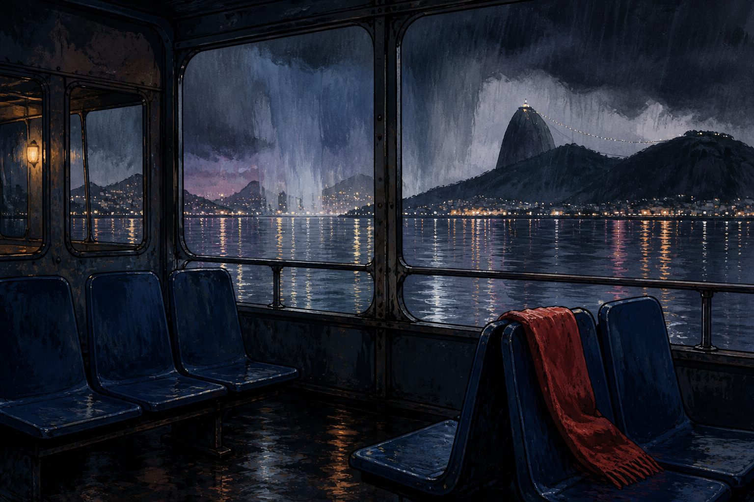 Balsa noturna com um cachecol vermelho em um assento vazio
