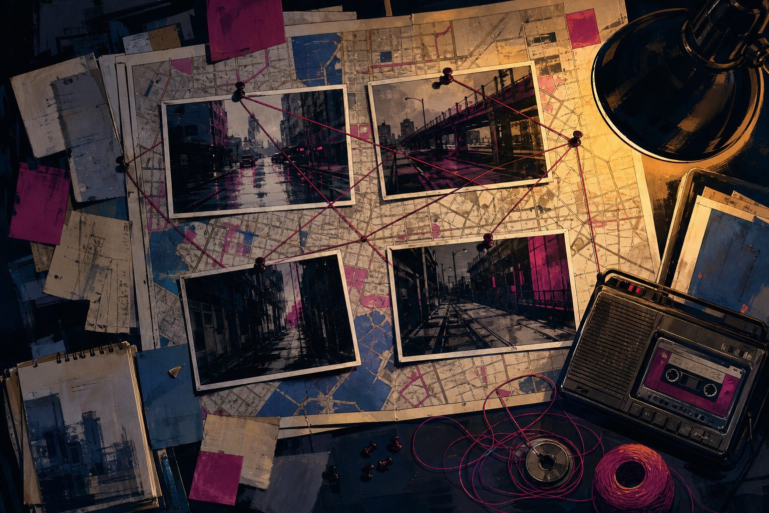 Mesa de investigação com mapas, fotografias abstratas e gravador