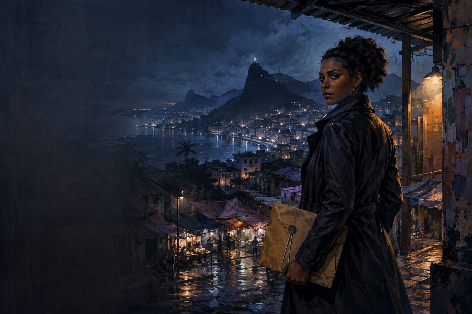 Investigadora fictícia sob a chuva observando um mercado noturno e as luzes do Rio